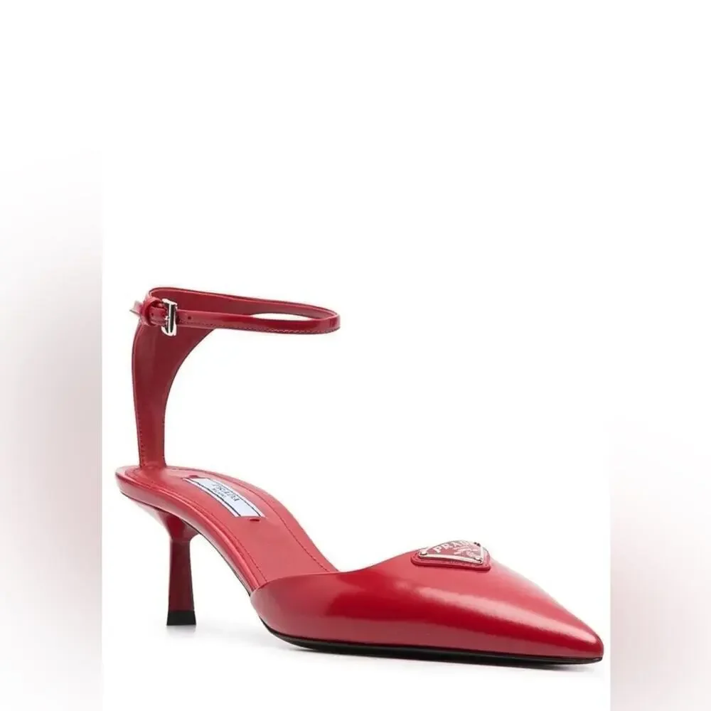 Prada Scarlet Red Leather Logo Plaque pointed toe ankle strap pumps EU 40
